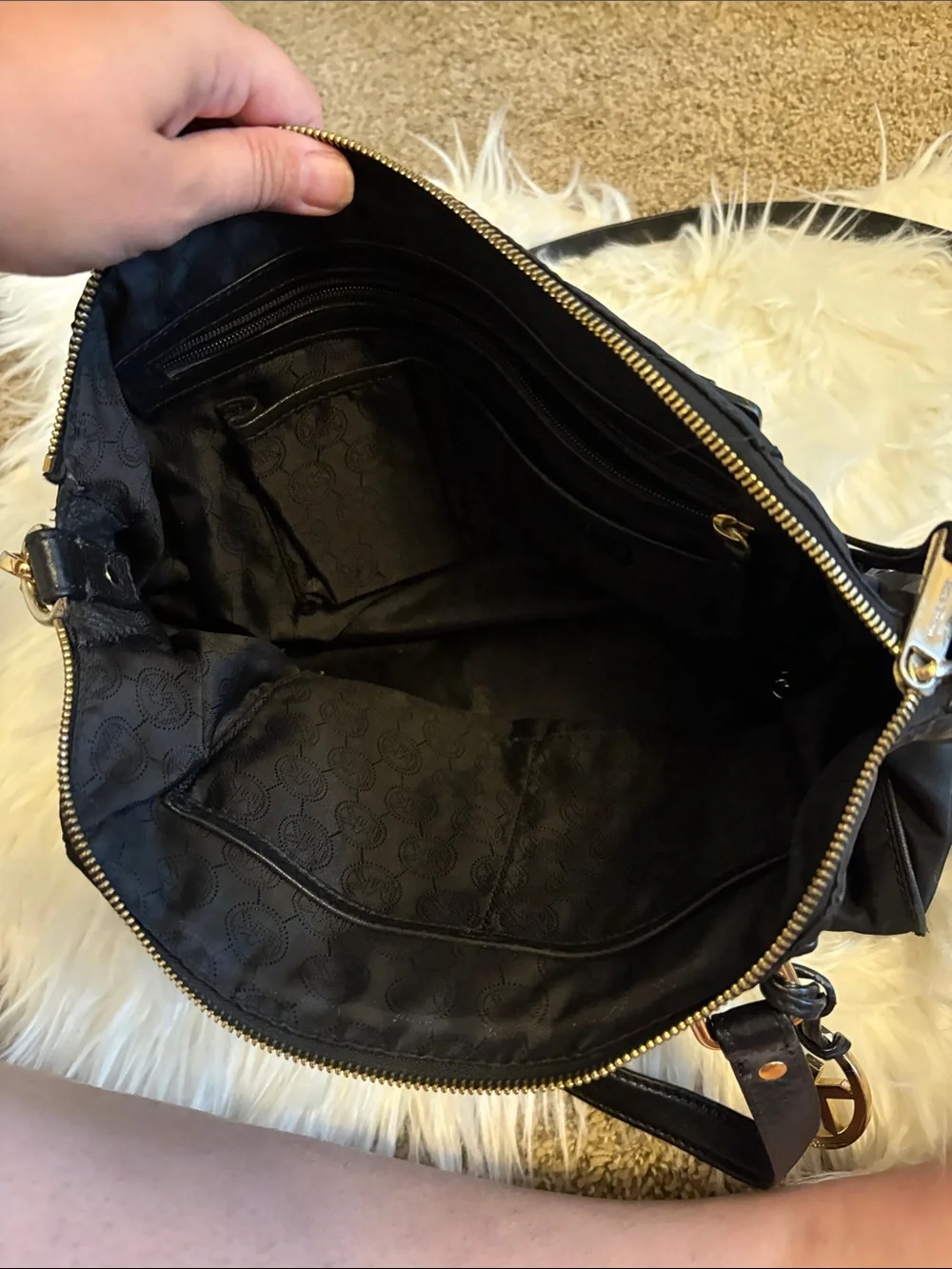 Michael Kors Black Shoulder Tote with Gold Hardware and MK Charm